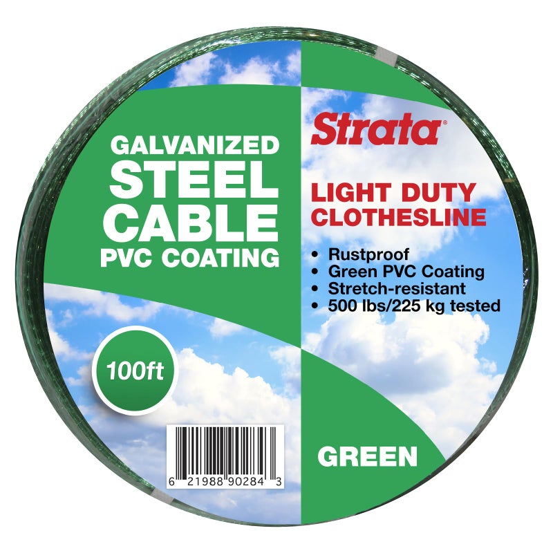 Strata Clothesline - Galvanized Steel Cable - PVC Coasting (100', Green) - Image 1